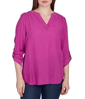 Ruby Rd. Petite Size Solid Gauze Band Notch Neckline Roll-Tab Sleeve Top