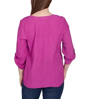 Ruby Rd. Petite Size Solid Gauze Band Notch Neckline Roll-Tab Sleeve Top