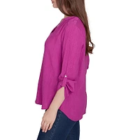 Ruby Rd. Petite Size Solid Gauze Band Notch Neckline Roll-Tab Sleeve Top