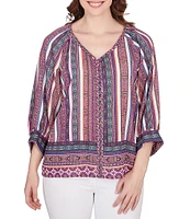 Ruby Rd. Petite Size Southwest Stripe Border Print Metallic Detail Braid Trim V-Neck 3/4 Balloon Sleeve Top