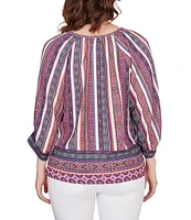 Ruby Rd. Petite Size Southwest Stripe Border Print Metallic Detail Braid Trim V-Neck 3/4 Balloon Sleeve Top