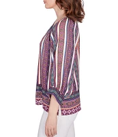 Ruby Rd. Petite Size Southwest Stripe Border Print Metallic Detail Braid Trim V-Neck 3/4 Balloon Sleeve Top