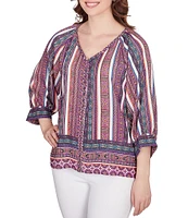 Ruby Rd. Petite Size Southwest Stripe Border Print Metallic Detail Braid Trim V-Neck 3/4 Balloon Sleeve Top