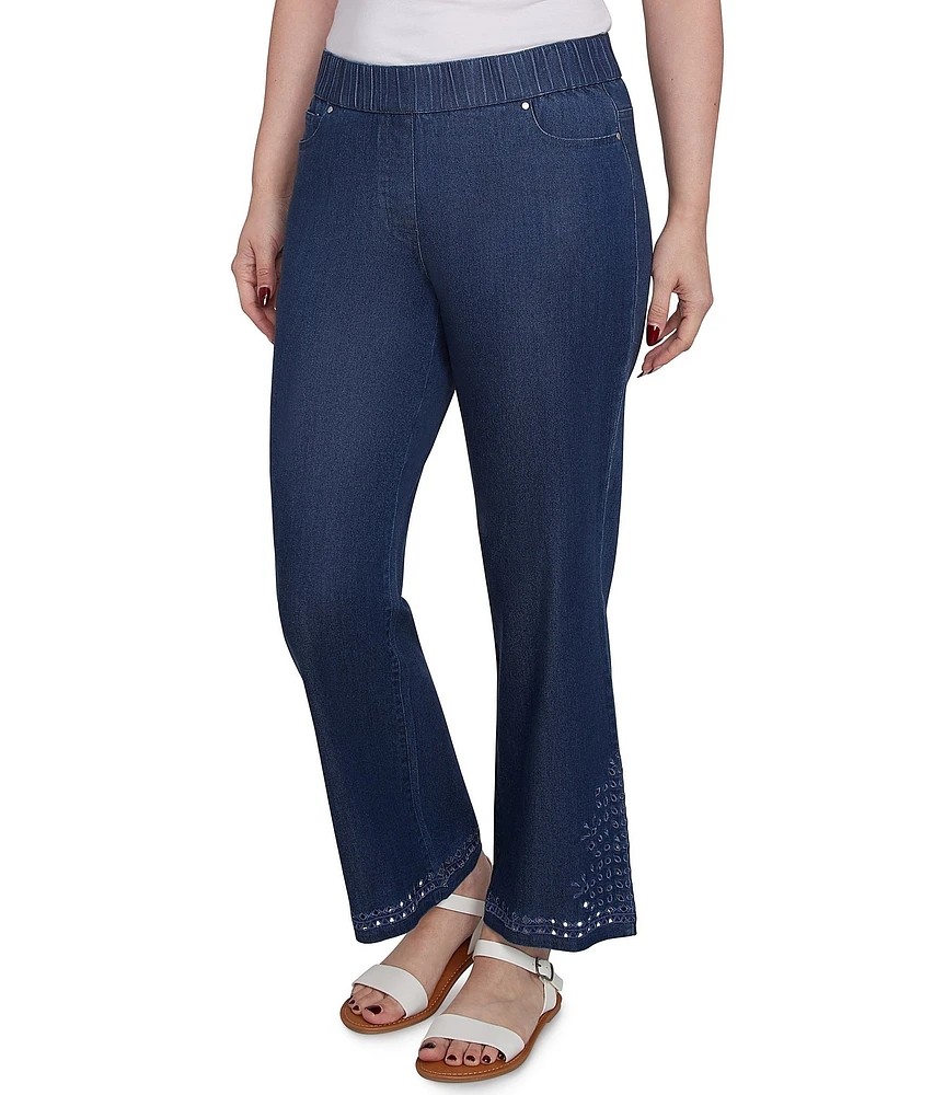 Ruby Rd. Petite Size Straight Leg Embroidered Eyelet Hem Pull-On Jeans