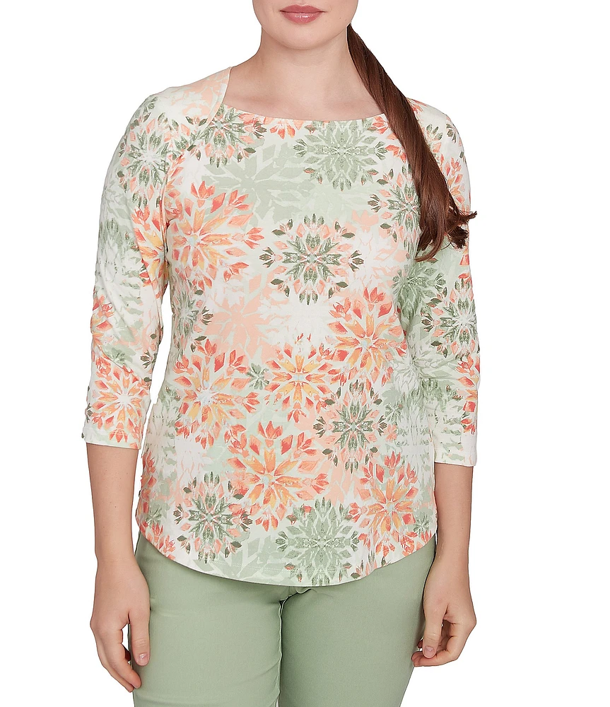 Ruby Rd. Petite Stretch Cotton Jersey Floral Envelope Neck 3/4 Sleeve Top