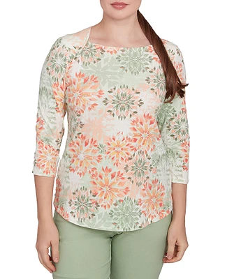 Ruby Rd. Petite Stretch Cotton Jersey Floral Envelope Neck 3/4 Sleeve Top
