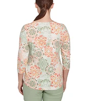Ruby Rd. Petite Stretch Cotton Jersey Floral Envelope Neck 3/4 Sleeve Top
