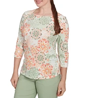 Ruby Rd. Petite Stretch Cotton Jersey Floral Envelope Neck 3/4 Sleeve Top