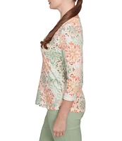Ruby Rd. Petite Stretch Cotton Jersey Floral Envelope Neck 3/4 Sleeve Top