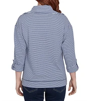 Ruby Rd. Petite Size Stripe Print Interlock Knit Wing Collar Roll-Tab Sleeve Snap-Front Jacket