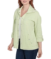 Ruby Rd. Petite Size Stripe Print Interlock Knit Wing Collar Roll-Tab Sleeve Snap-Front Jacket