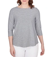 Ruby Rd. Petite Size Stripe Print Knit Crew Neck 3/4 Sleeve Top