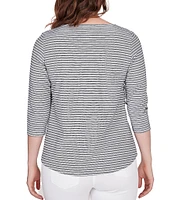 Ruby Rd. Petite Size Stripe Print Knit Crew Neck 3/4 Sleeve Top