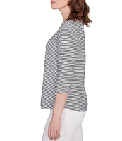 Ruby Rd. Petite Size Stripe Print Knit Crew Neck 3/4 Sleeve Top