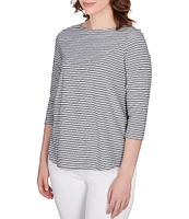 Ruby Rd. Petite Size Stripe Print Knit Crew Neck 3/4 Sleeve Top