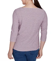 Ruby Rd. Petite Size Stripe Print Knit Crew Neck 3/4 Sleeve Top