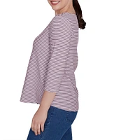 Ruby Rd. Petite Size Stripe Print Knit Crew Neck 3/4 Sleeve Top