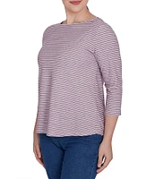 Ruby Rd. Petite Size Stripe Print Knit Crew Neck 3/4 Sleeve Top