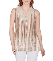 Ruby Rd. Petite Size Stripe Print Metallic Crochet V-Neck Puff Print Hem Sleeveless Marrakesh Top