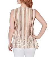 Ruby Rd. Petite Size Stripe Print Metallic Crochet V-Neck Puff Print Hem Sleeveless Marrakesh Top