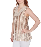 Ruby Rd. Petite Size Stripe Print Metallic Crochet V-Neck Puff Print Hem Sleeveless Marrakesh Top