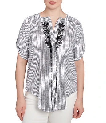 Ruby Rd. Petite Size Super Soft Puckered Embroidered Stripe Button Front Shirt