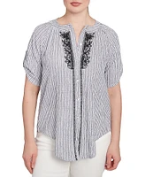 Ruby Rd. Petite Size Super Soft Puckered Embroidered Stripe Button Front Shirt