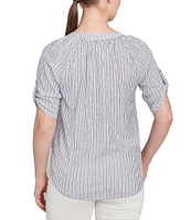 Ruby Rd. Petite Size Super Soft Puckered Embroidered Stripe Button Front Shirt
