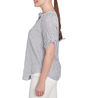 Ruby Rd. Petite Size Super Soft Puckered Embroidered Stripe Button Front Shirt