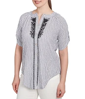 Ruby Rd. Petite Size Super Soft Puckered Embroidered Stripe Button Front Shirt