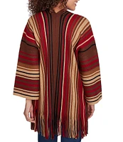 Ruby Rd. Petite Size Sweater Knit Multi-Stripe Print Bracelet Sleeve Open-Front Fringed Hem Cardigan