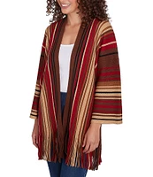 Ruby Rd. Petite Size Sweater Knit Multi-Stripe Print Bracelet Sleeve Open-Front Fringed Hem Cardigan