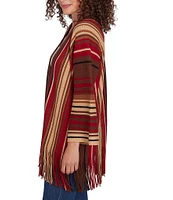 Ruby Rd. Petite Size Sweater Knit Multi-Stripe Print Bracelet Sleeve Open-Front Fringed Hem Cardigan