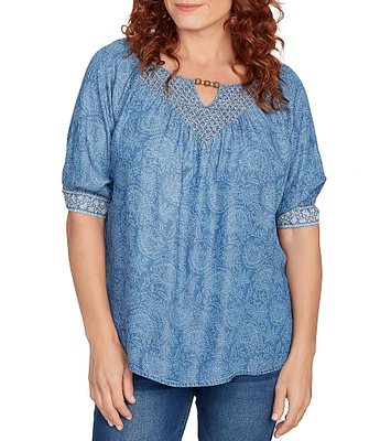 Ruby Rd. Petite Size Tencel™ Embroidered Allover Printed Keyhole Neck Elbow Tie Sleeve Top