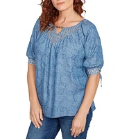 Ruby Rd. Petite Size Tencel™ Embroidered Allover Printed Keyhole Neck Elbow Tie Sleeve Top