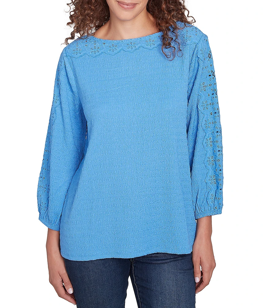 Ruby Rd. Petite Size Textured Eyelet Trim Boat Neck Bracelet Length Sleeve Knit Top