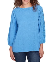 Ruby Rd. Petite Size Textured Eyelet Trim Boat Neck Bracelet Length Sleeve Knit Top