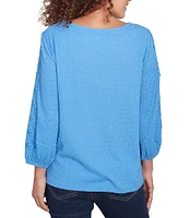Ruby Rd. Petite Size Textured Eyelet Trim Boat Neck Bracelet Length Sleeve Knit Top