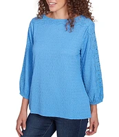 Ruby Rd. Petite Size Textured Eyelet Trim Boat Neck Bracelet Length Sleeve Knit Top