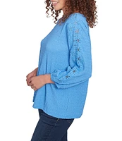 Ruby Rd. Petite Size Textured Eyelet Trim Boat Neck Bracelet Length Sleeve Knit Top