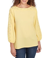 Ruby Rd. Petite Size Textured Eyelet Trim Boat Neck Bracelet Length Sleeve Knit Top