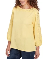 Ruby Rd. Petite Size Textured Eyelet Trim Boat Neck Bracelet Length Sleeve Knit Top