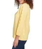Ruby Rd. Petite Size Textured Eyelet Trim Boat Neck Bracelet Length Sleeve Knit Top