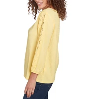 Ruby Rd. Petite Size Textured Eyelet Trim Boat Neck Bracelet Length Sleeve Knit Top