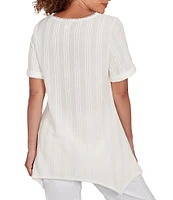 Ruby Rd. Petite Size Textured Solid Knit Crinkle Stripe Round Neck Short Sleeve Sharkbite Hem Top