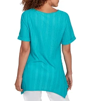 Ruby Rd. Petite Size Textured Solid Knit Crinkle Stripe Round Neck Short Sleeve Sharkbite Hem Top
