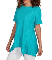Ruby Rd. Petite Size Textured Solid Knit Crinkle Stripe Round Neck Short Sleeve Sharkbite Hem Top