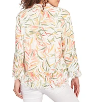 Ruby Rd. Petite Size Coordinating Tropical Fern Print 3/4 Sleeve Lace Embroidered Scallop Edge Button Front Shirt