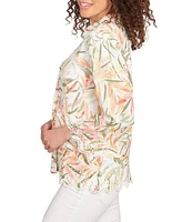 Ruby Rd. Petite Size Coordinating Tropical Fern Print 3/4 Sleeve Lace Embroidered Scallop Edge Button Front Shirt