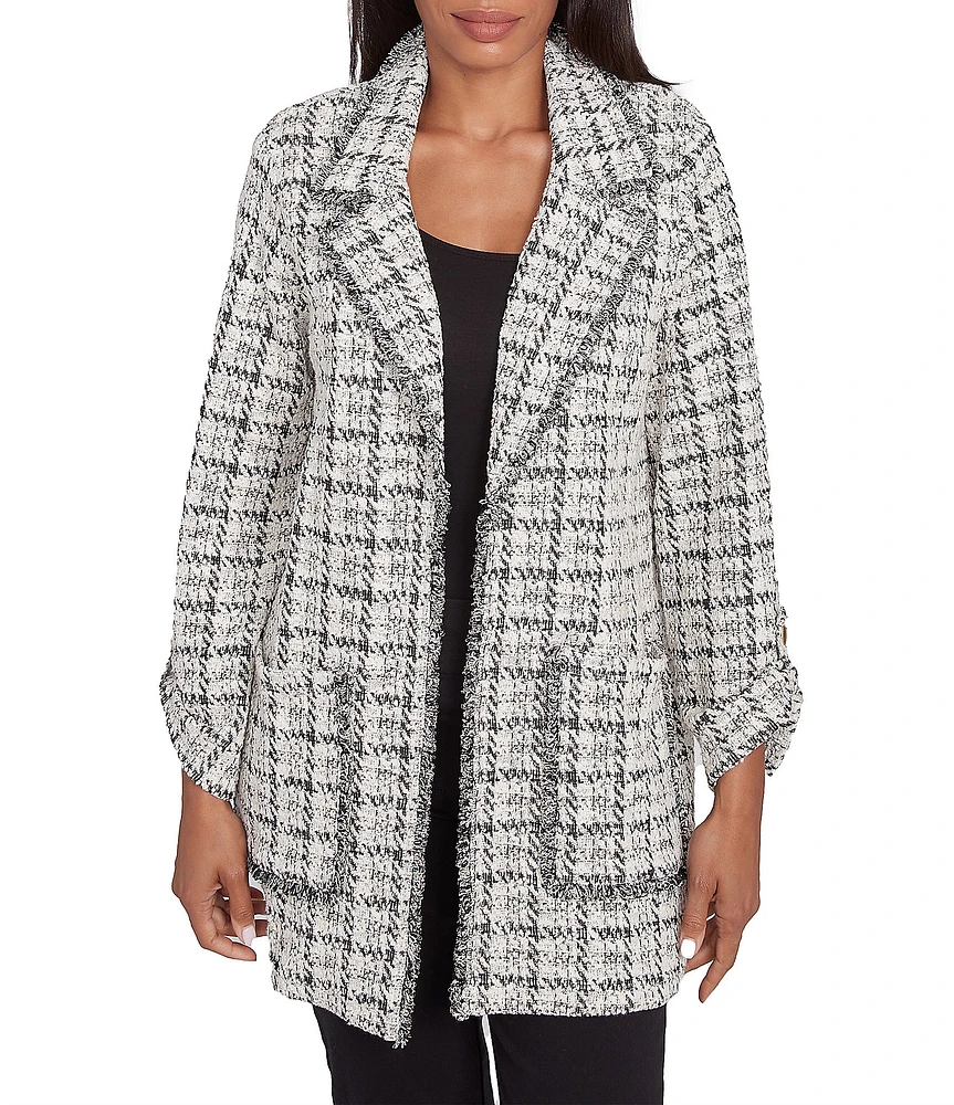 Ruby Rd. Petite Size Tweed Metallic Plaid Notch Lapel Collar Long Roll-Tab Sleeve Open-Front Jacket